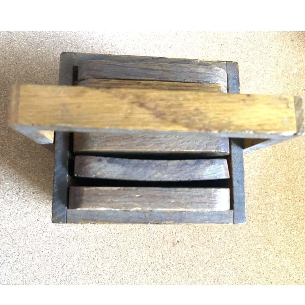 Vintage Wood Coaster w/ Caddy Barware Drink Holder Cork MCM Cabin Rustic Decor